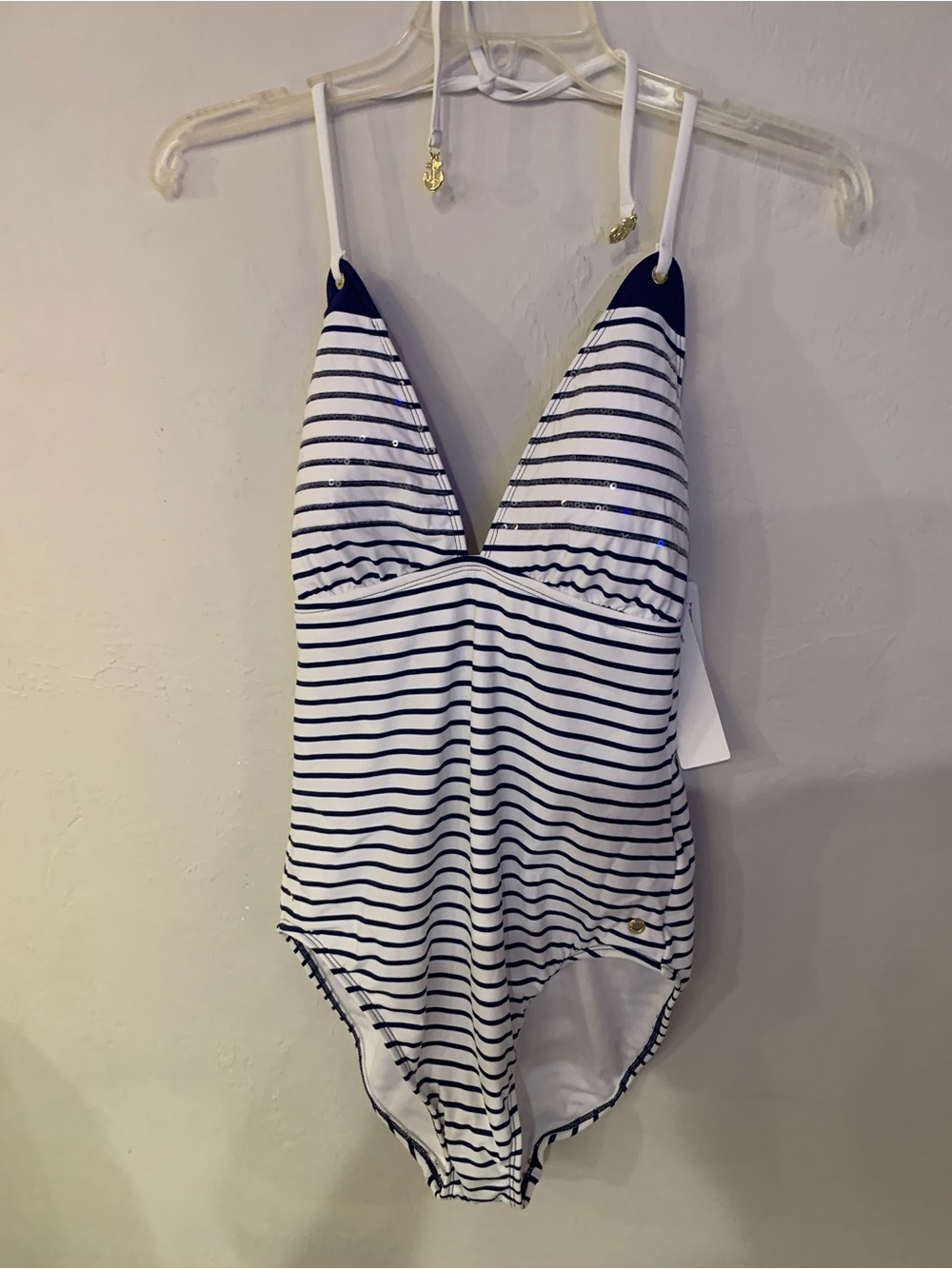 Sperry Navy and White Striped Woman One-Piece Nautical Look Swimsuit NWT M